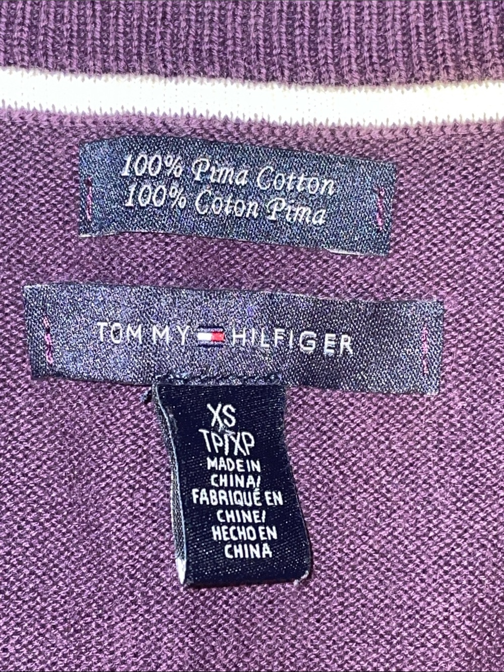 Tommy Hilfiger Purple Argyle V-Neck Sweater w Pink & Cream Diamonds. Cotton XS - Picture 2 of 7